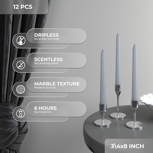 CANDWAX 8 inch Taper Candles - Set of 12 Dripless Tall Long Burning Dinner Party Wedding Decor - Light Gray - Image 4