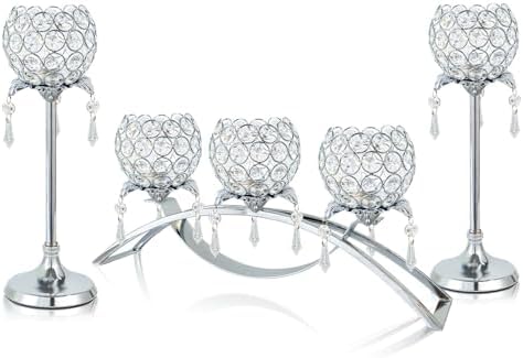 Set of 3 Silver Crystal Tea Light Candlestick Holders Flower Shape with Crystal Pendant Bowl Votive Metal Candle Holder for Table Centerpieces Wedding Home Decor by kehail