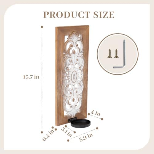 Wall Candle Sconces Set of Two, Rustic Wood Candle Sconce Shabby Chic Wall Decor, Distressed Carved Brown Wooden Wall Candle Holder for Farmhouse, Bedroom, Fireplace, Brown - Image 2