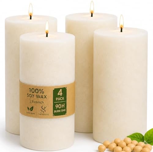White Rustic Pillar Candles,Non-Toxic Soy Wax Candle, 2.8x6 Inch, 4 Pack by MAKALONE