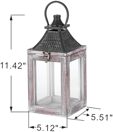 12" High Farmhouse Decorative Lantern, Glass and Metal, Distressed White Wood Finish, Vintage Black Metal Top, Indoor Outdoor Candle Holders (Rustic White, 5"x5") - Image 2