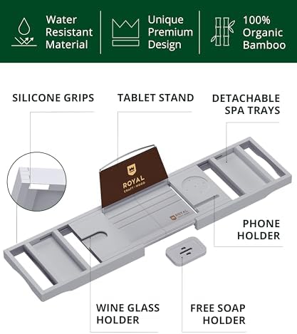 ROYAL CRAFT WOOD Premium Foldable Bathtub Tray Caddy - Wood Bath Tray for Tub, Bamboo Shelf, Expandable Bath Table Trays, Bathtub & Bathroom Accessories for New Home & Mothers, Birthday Gifts for Mom - Image 2