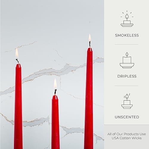 Bask 10-inch Taper Candles - Unscented and Dripless - Burns for 8 Hours - Home Decor for Dinner Table, Kitchen, and Bedroom - Perfect for a Romantic Date or Anniversary - 12-Pack - Red - Image 2