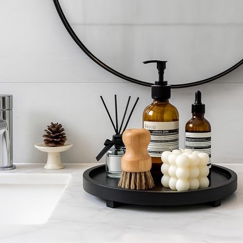 Black Round Decorative Wooden Tray for Bathroom Counter Table Trays Decor - Image 2