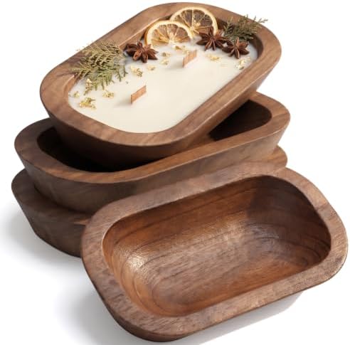 4 Pcs Wooden Dough Bowls for Candle Making, Rustic Wood Bowl for DIY Crafts,Farmhouse Decorative Candle Holder 9.45 x 5.5 x 1.57 Inch(Brown) by Unknown