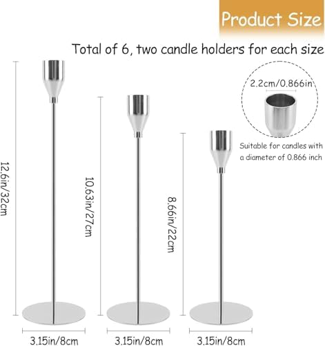 Silver Candlestick Holders Set of 6, Metal Taper Silver Candle Holders, Tall Candle Holder, Fits 2.2cm Thick Candle&Led Candles, for Table Centerpiece, Mantels, Weddings, Dining, Party - Image 2