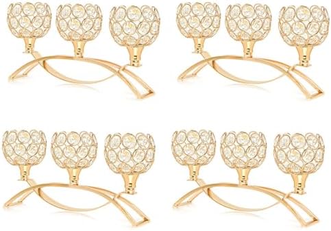 Crystal Tealight Candle Holder Centerpiece Home Decorative Candlestick Holder Elegant Table Centerpiece Home Decor Wedding Party Anniversary (Gold, 3 Arm of 4 Pcs) by KOLNLALA