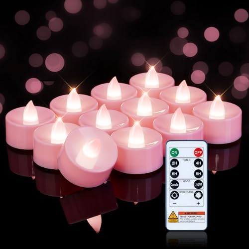 Homemory 12-Pack Pink Remote Flameless Battery Tea Light Candles, 400+ Hrs by Homemory