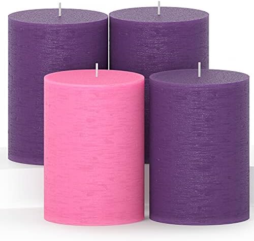 CANDWAX 3x4 Inch Advent Pillar Candles Set of 4 - Long Burning Dripless Unscented Pillar Candles - Rustic Style for Advent Wreaths, Christmas Décor - 3 Purple and 1 Pink Pillars by CANDWAX