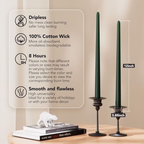 New Burning Formula Unscented Dripless 12-Inch Taper Candles Set of 12 - Dark Green, for Wedding, Dinner - Smokeless, Long Burning - Hand Poured, Colored Tall Candlesticks - Verde Oscuro - Image 2