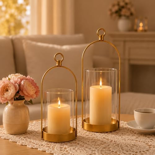 Gold Hurricane Candle Holder, Versatile Metal Candle Holder with Thick Glass Shield for Pillar Candles, Plants, Decorative Candle Lantern for Thanksgiving Christmas Party Table Centerpiece - Image 7