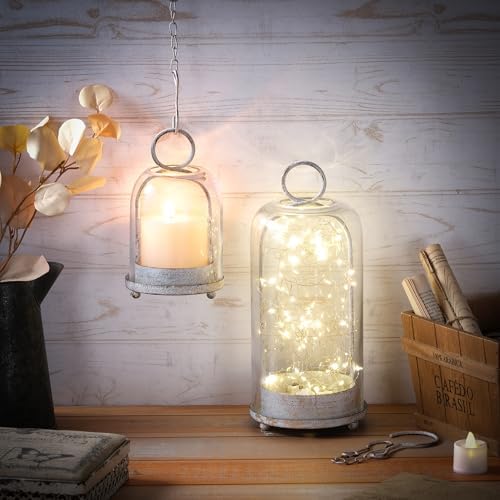 5" & 4" Wide Versatile Metal Candle Holder in Shabby White with Handmade Thick, Heavy & Sturdy Glass Dome for Pillar Candle, Industrial, Modern, Shelf, Mantel, Veranda, Porch - Image 4