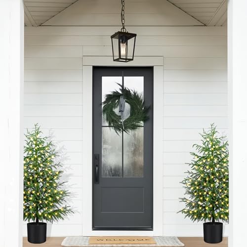 4FT Prelit Norfolk Pine Christmas Tree Real Touch Artificial Cedar Tree with 80LED Lights & 8-Function Plug-in Potted Faux Trees for Front Porch, Entryway, Patio, Christmas Indoor Outdoor Decor - Image 3