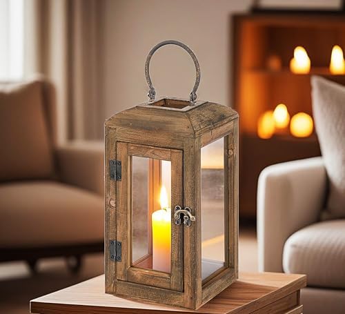 11" High Wooden Lantern Made of Solid Firwood in Handpainted Mediterranean Brown with Metal Handle,Hurricane Lantern, Farmhouse Lantern for Party, Deck, Front Porch (1, Brown, Small) - Image 3