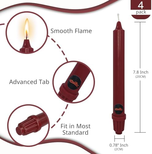 NJAO HOO Burgundy Taper Candle 8 Inch Christmas Candlesticks Red Unscented Dripless Handmade Candles for Home Decor Dinner New Year Party, 4 Pack - Image 3