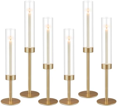 6Pcs Hurricane Glass Candle Holders Gold Candlestick Holders Taper Candle Holder with 9.8" Windproof Clear Cylinder Covers for Outdoor Indoor Tall Candle Stick Holder Decor for Wedding Party Fireplace by Unknown