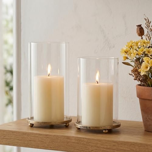 Gold Hurricane Candle Holders with Glass Sleeves Set of 2 - Image 7