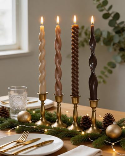 Brown Taper Candle Stick Spiral Taper Candle for Wedding Party Fall Decoration Home Dinner Decoration Unscented Candles,10inch,4 Pack - Image 2