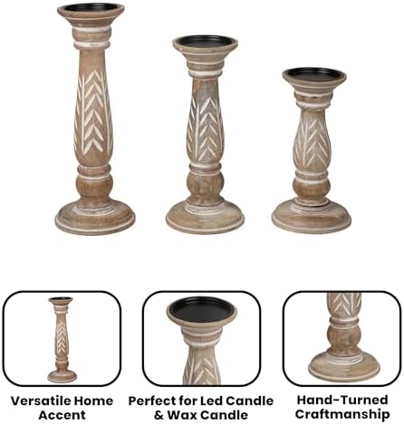 Set of 3 White Wash Farmhouse Wood Pillar Candle Holders - Handcrafted Rustic Tall Candle Holders for Home Decor, Centerpieces, Weddings, and Events - Heights: 14", 12", 10" - Image 5