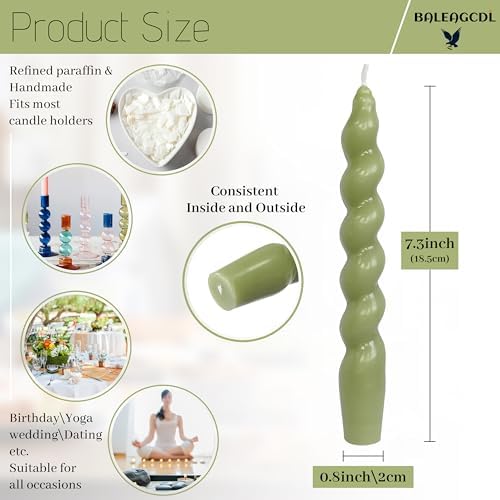 DRIPLESS Unscented Twisted Taper Candles Handmade Candlestick Grass Green Spiral Taper Candles 7.5 Inch Decorative Candle Smokeless for Party Gifts 2 PCS - Image 2