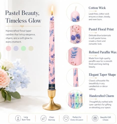 Floral Taper Candle Dripless Candlesticks - 4pcs Handmade Twisted Candles Long Candle Sticks 10inches Flower Tapered Candles for Home Party Wedding Restaurant Holiday Decor,PURFLW - Image 3