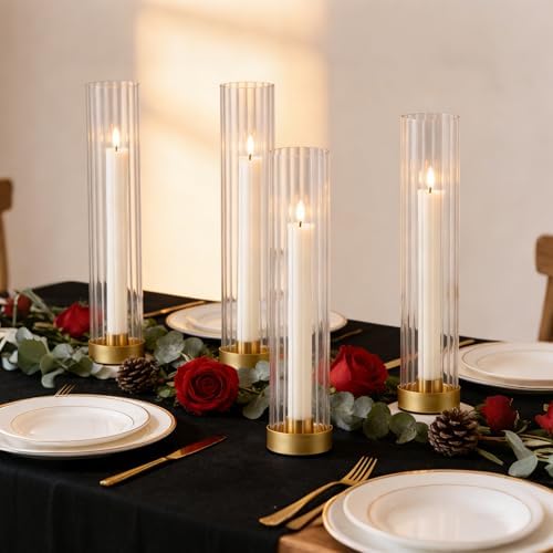 Hurricane Candle Holders Golden Taper Candle Sticks Holder, with 11" Thickened Glass Cylinder Covers Ribbed Candlesticks Holders Bulk Set of 4, Dining Table Centerpiece for Wedding - Image 3