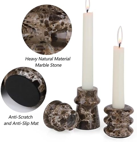 Vixdonos Marble Candle Holder Set of 3 Taper Candle Candlestick Mantle Candle Stand for Home Decor,Wedding,Party and Table Centerpieces(Brown) - Image 3