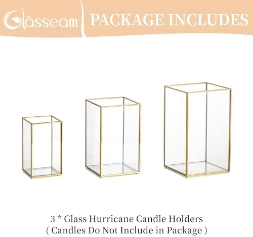 Glasseam Glass Hurricane Candle Holder: Set of 3 Gold Square Candle Holders for Pillar Candles Large for Table Centerpiece Wedding Christmas Decorative - Image 7