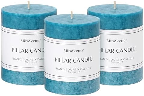 3x4 Inch Blue Pillar Candles Set of 3, Unscented Pillar Candle by MiraScents