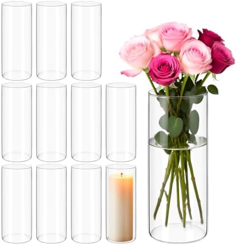 12Pack Glass Cylinder Vases for Centerpieces - 8 Inch Tall Flower Vase for Wedding Decorations, Floating Candle Holder Vase Bulk,Glass Hurricane Candle Holders for Table Shelf, Party, Home Decor by Yemosa