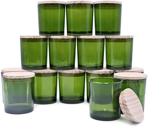 SHOWIN 8 OZ Thick Candle Jars for Making Candles 15 Pcs, Green Empty Jars with Wood Lids for Candle Making, Sample Container,Clear Green by Showin