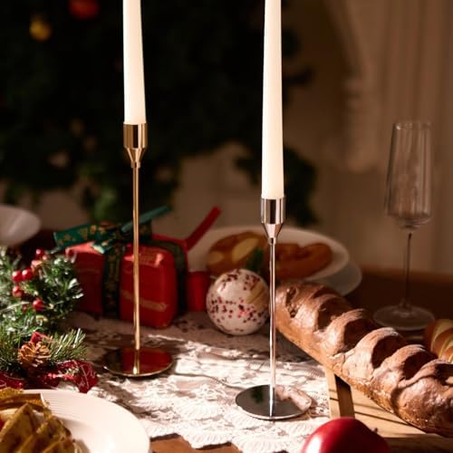 Upgraded Chrome Taper Candle Holders Set of 15 Bulk, Champagne Gold Long Skinny Candlestick (Heights: 9/11/13 Inch), Heavy Iron Anti-Slip Base for Fireplace Table Centerpiece Christmas Decor - Image 4