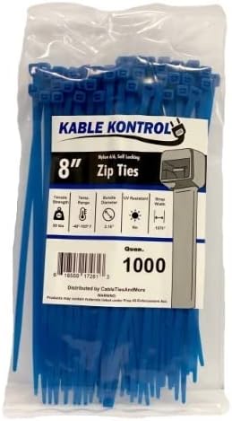 Kable Kontrol Blue Zip Ties 8 Inch 1000 Pcs, 50 Lbs Tensile Strength, Self-locking Nylon Colored Cable Ties Wire Wraps for Indoor or Outdoor Use
