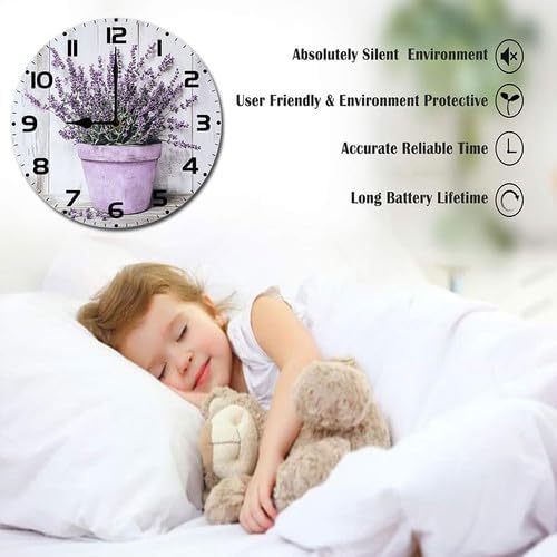 Lavender Watercolor Flower Wooden Silent Non-Ticking 10 Inch Round Clocks Battery Operated Analog for Living Room Kitchen Bedroom Bathroom Office Home School Decor