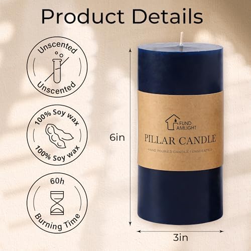 3x6 Inch Navy Blue Pillar Candles Set of 3 - Unscented Pillar Candles - Image 6