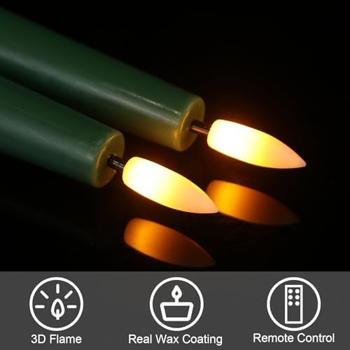 GenSwin Flameless Taper Candles with Remote Timer, Real Wax LED Flickering Candlesticks Battery Operated 3D Wick for Wedding, Party, Home(Christmas Green, 9.84", Set of 2) - Image 2