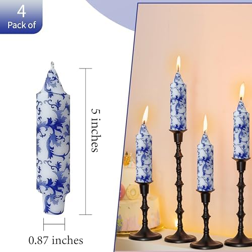 5 Inch Blue and White Tapered Candles Short Floral Candlesticks Hand Poured Unscented Smokeless Porcelain Candles for Dining Everyday Meals Family Dinner Elegance Blue White Porcelain Style - Image 3