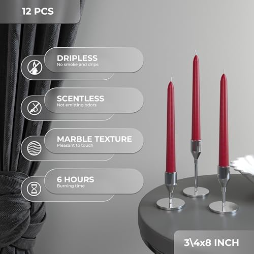 CANDWAX 8 inch Bordeaux Taper Candles Set of 12 - Unscented Smokeless Dripless Tall Candlesticks - Ideal for Home Decor, Thanksgiving or as Christmas Candles - Tapered Christmas Candle Sticks - Image 3
