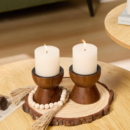 Set of 2 Rustic Acacia Wood Candle Holders for Pillar Candles - Image 7
