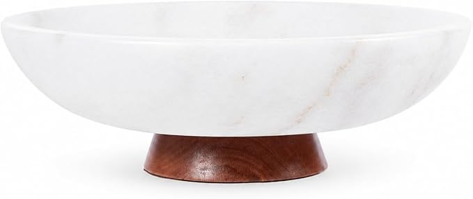 Decorative Marble Bowl White - Handcrafted Natural Stone on Acacia Wood Pedestal - Versatile 10" Catch‑All Centrepiece for Home Decor - Entryway, Dining Table, Kitchen Fruit Bowl, Key Holder (White)