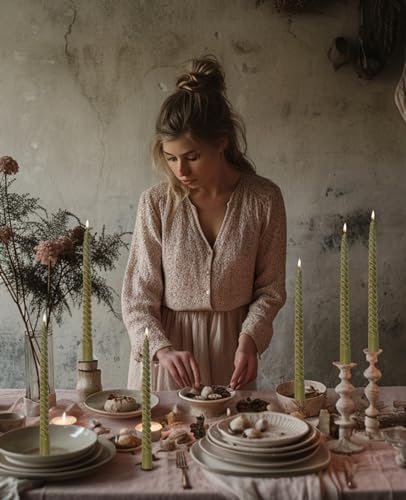 Olive Grenn Tall Taper Candles Spiral Candle Sticks,Unscented Pastel Candle for Holiday,Wedding and Home Decoration,10inch,12 Pack(E-Olive) - Image 3