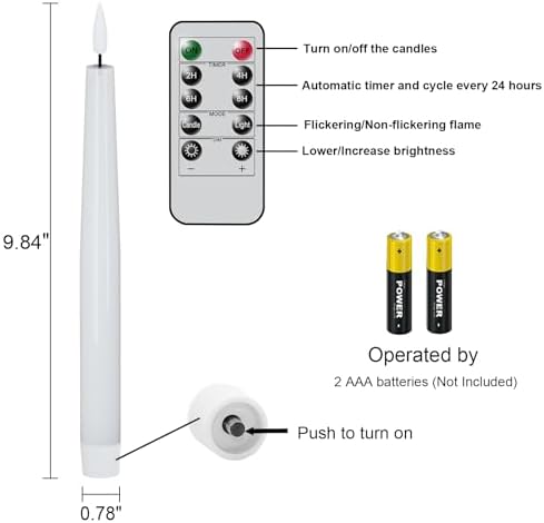 GenSwin Flameless Taper Candles with Remote, White LED Taper Candles Battery Operated, Real Wax Flameless Candlesticks with 3D Wick for Home Party Decor(Set of 3, 0.78” x 9.84”) - Image 7