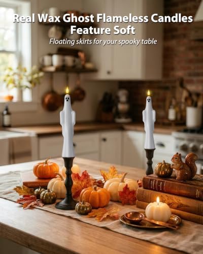 Homemory 6 Pcs Real Wax Ghost Flameless Taper Candles, 3D Wick Flickering Led Candlesticks 9.6 Inch Battery Operated with Remote & Timer, Spooky Halloween Gothic Indoor Decor - Image 3