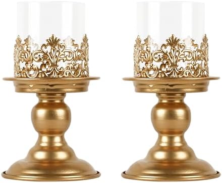 2 PCS Hurricane Candle Holder with Glass Sleeve, Gothic Metal Vintage Candle Holders, Large Table Centerpieces Candle Stand for Weddings and Events, Gold, L+L by LumiLoom