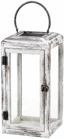 16" High Wooden Lantern Made of Solid Firwood in Whitewash with Metal Handle,Hurricane Lantern, Farmhouse Lantern for Party, Deck, Front Porch by Unknown