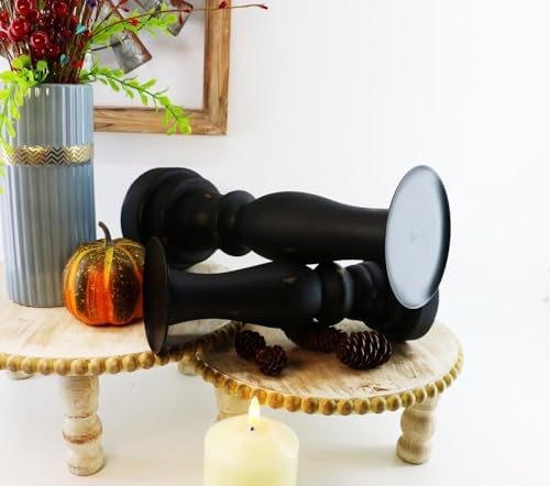 Black Worn Pillar Candle Holder - Rustic Wooden Farmhouse Candlestick Holders for - 2 Piece Set - Image 4