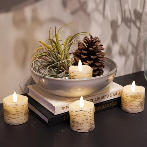 Rhytsing 2" White Birch Bark Flameless Votive Candles with Timer, Real Wax Led Faux Battery Operated Tealight Candles for Christmas and Weddings - Set of 4 - Image 3
