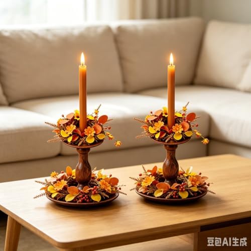 6 Pcs 1.38" Mini Fall Taper Candle Rings Wreaths Small Artificial with Autumn Leaves Flowers Wheat Stems Berries Taper Candle Holder Wreath for Thanksgiving Harvest Day Home Candlesticks Table - Image 7