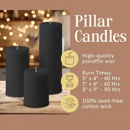 Mister Candle Unscented Dripless Pillar Candles Set of 3, Hand Poured 3 Inch Candles, Premium Wax, Decorative Pillar Candles, (3" x 4", 3" x 6", and 3" x 9", Black) - Image 3
