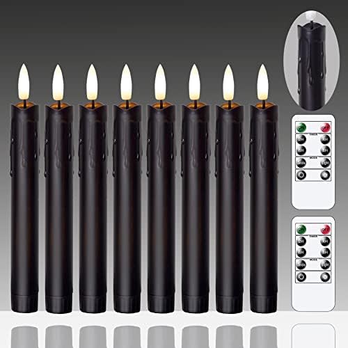 Flameless Flickering Taper Candles Two Remote, 7.5 Inch Black Battery Operated LED Window Candles Timer,Set of 8 Plastic 3D-Wick Dripping-Wax Effect Flameless Candlesticks(0.86”Dia,Warm Fire) by Mavandes